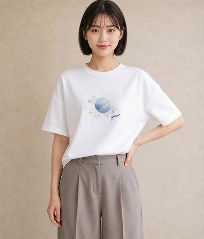 半袖Tシャツ レディース 宇宙 星空 イラスト アート風 カジュアルコーデ 買い物 白T YMAZO