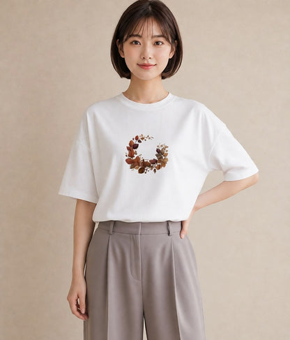 半袖Tシャツ レディース 落ち葉 植物 ボタニカル イラスト 上品 夏コーデ 通学 白T YMAZO