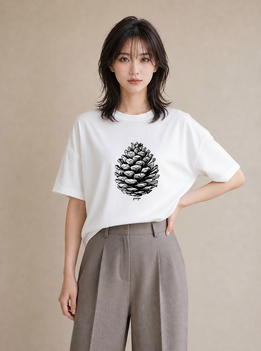 プリントTシャツ レディース 松ぼっくり 植物 ボタニカル イラスト ゆるかわ 母娘コーデ 自分用 白T YMAZO