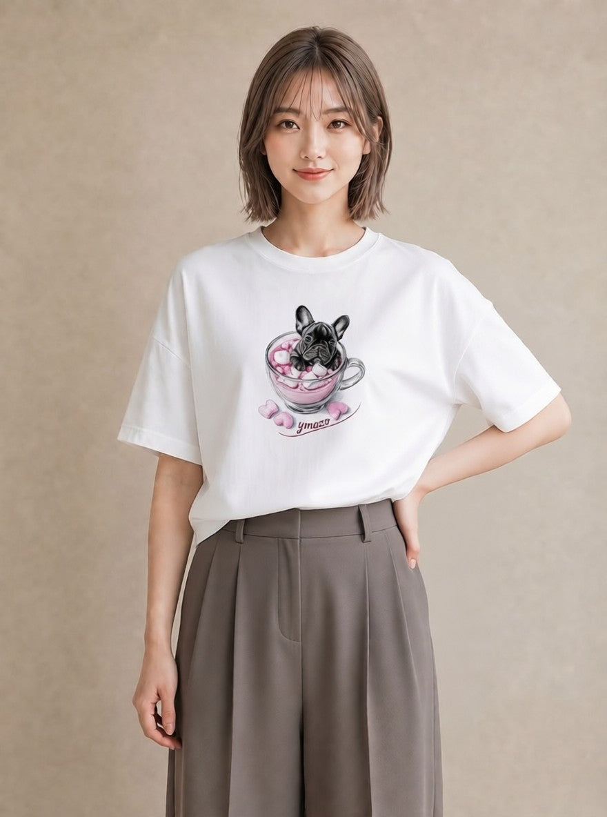 Tシャツ レディース フレンチブルドッグ フレブル 犬 いぬ イラスト レトロ 週末コーデ 敬老の日 白T YMAZO