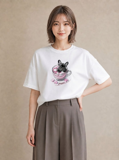 Tシャツ レディース フレンチブルドッグ フレブル 犬 いぬ イラスト レトロ 週末コーデ 敬老の日 白T YMAZO
