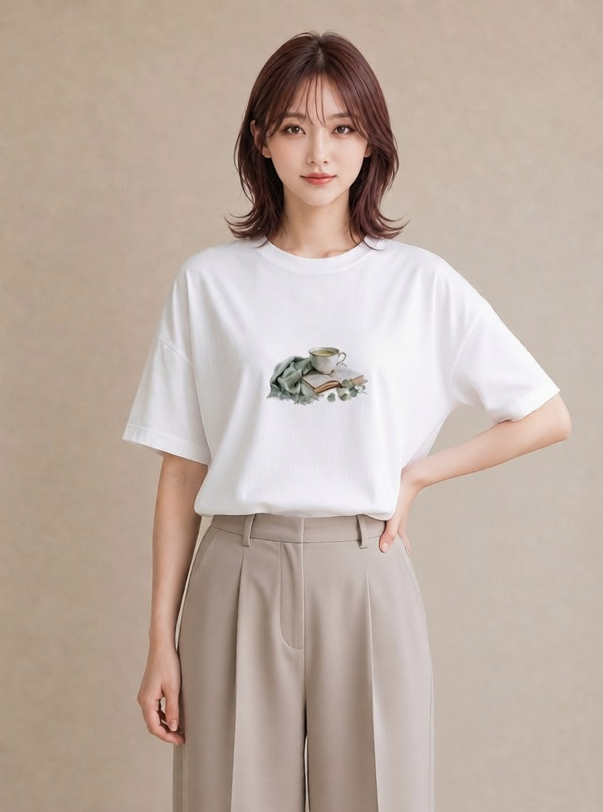 グラフィックTシャツ レディース ハーブティー 食べ物 フード イラスト 淡色 ビーチ デイリーウェア 白T YMAZO