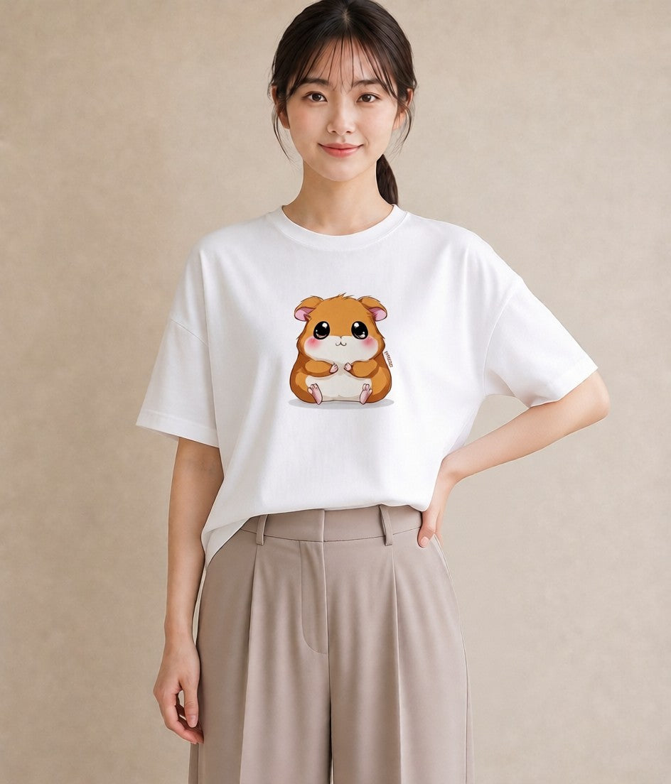 Tシャツ レディース ジャンガリアンハムスター ペット 動物 イラスト 普段使い 買い物 夏コーデ 白T YMAZO