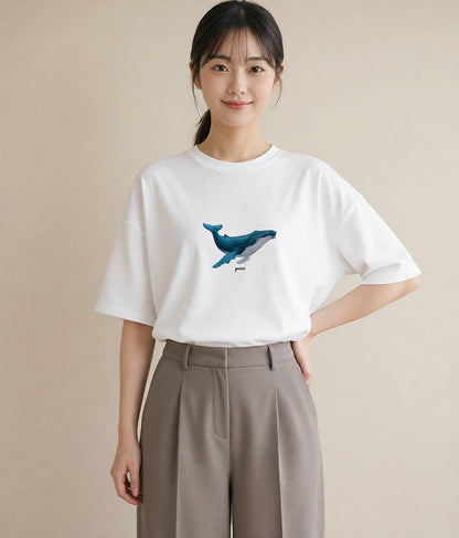 デザインTシャツ レディース クジラ 海の生き物 海 イラスト 淡色 ミセス 春コーデ 白T YMAZO