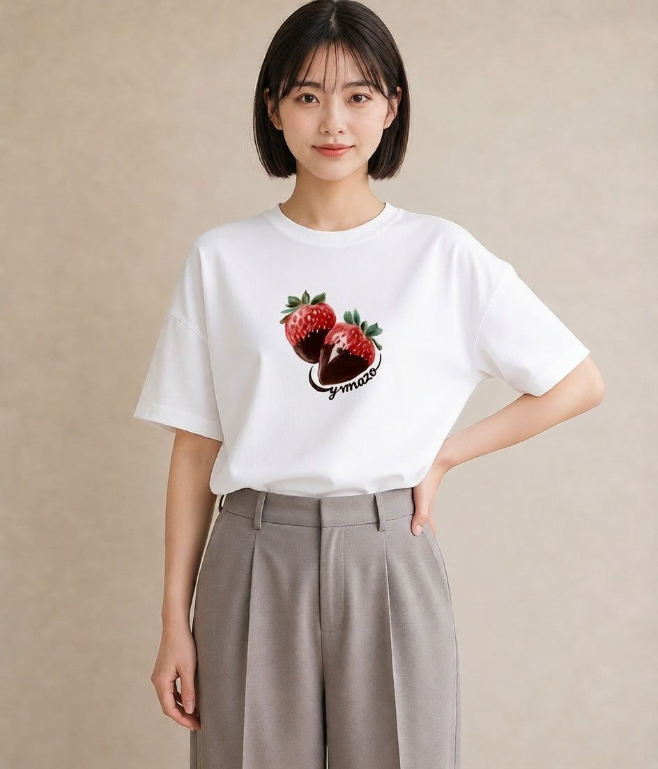 グラフィックTシャツ レディース チョコ 食べ物 フード イラスト ニュアンス ママ カフェ服 白T YMAZO