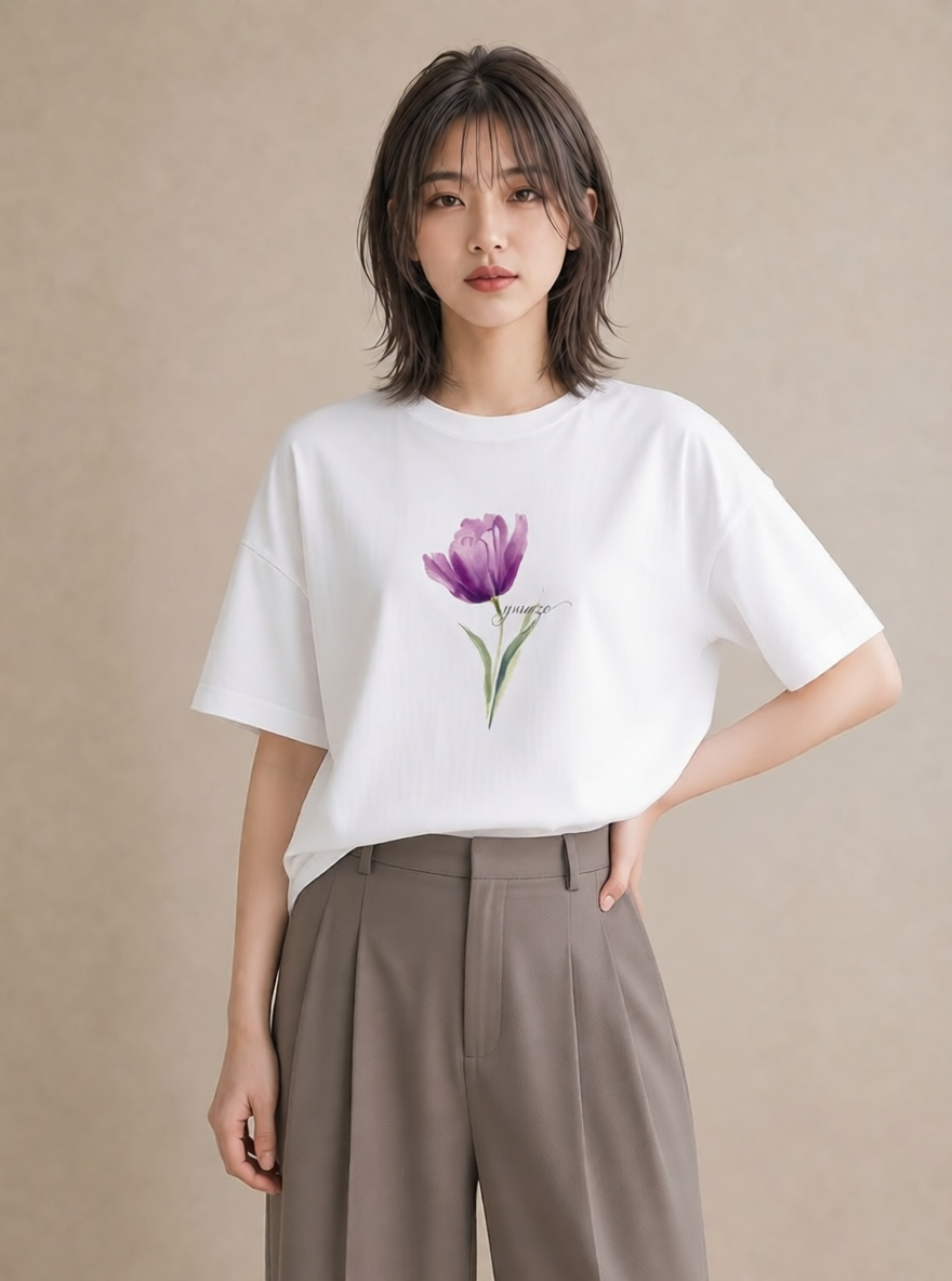 Tシャツ レディース スミレ 花 花柄 イラスト 線画 旅行用 海 白T