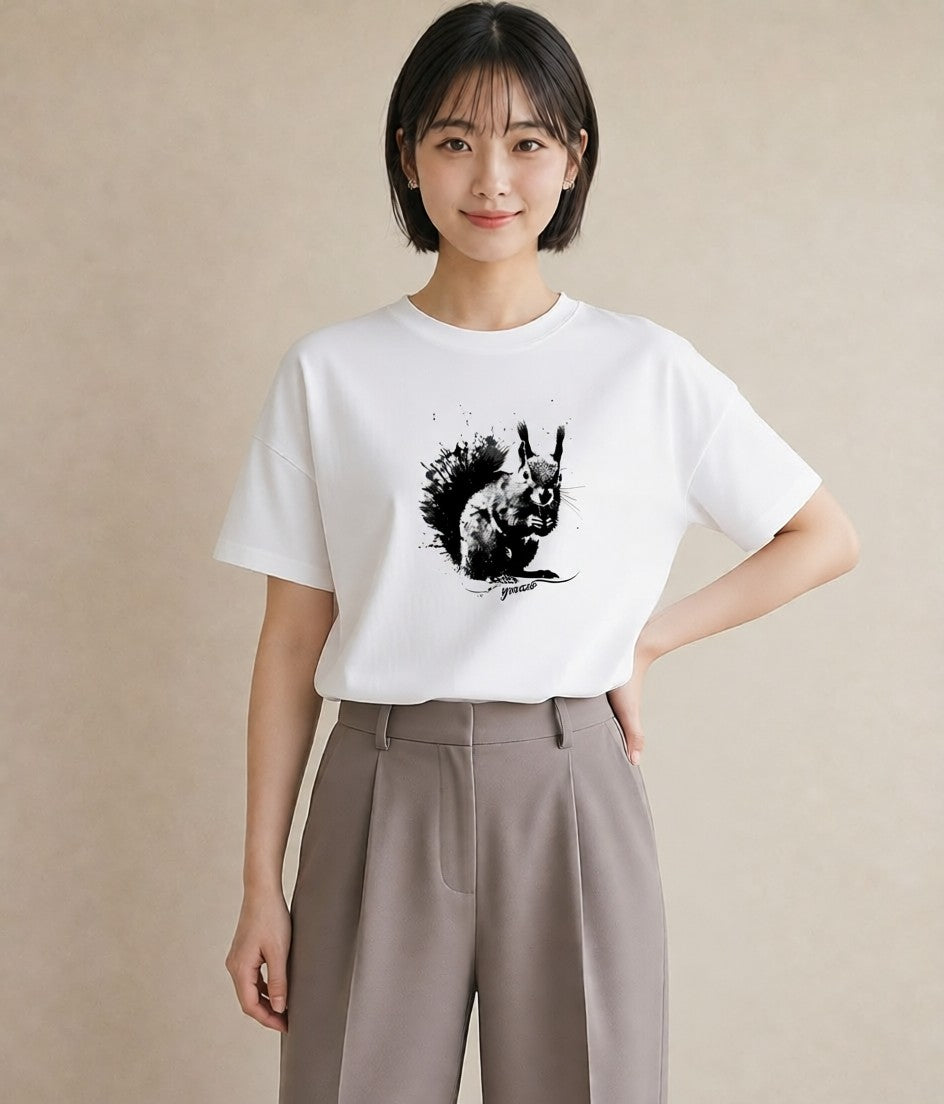 グラフィックTシャツ レディース リス ペット 動物 イラスト レトロ 女性向けギフト 散歩 白T YMAZO