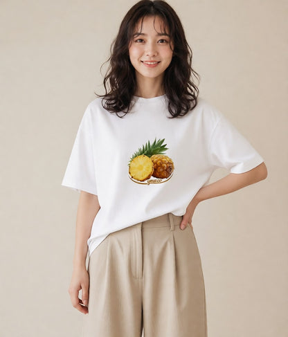 デザインTシャツ レディース パイナップル 食べ物 フード イラスト ゆるかわ 社会人 女性 白T YMAZO