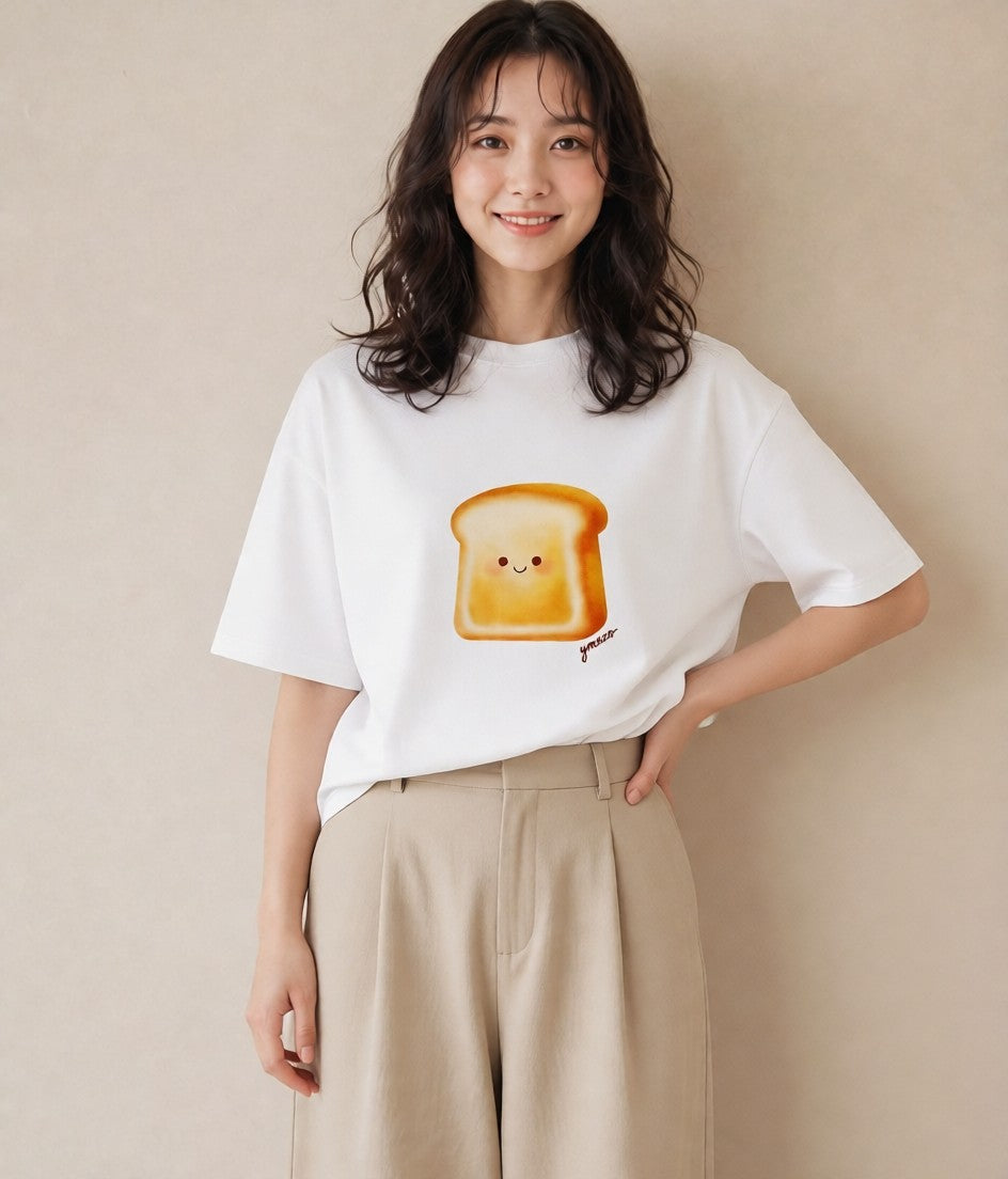 デザインTシャツ レディース パン 食べ物 フード イラスト カジュアル 春服 ミセス 白T YMAZO