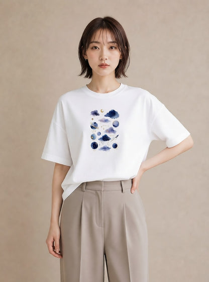 グラフィックTシャツ レディース 水瓶座 星空 宇宙 イラスト レトロ 女性 旅行用 白T YMAZO