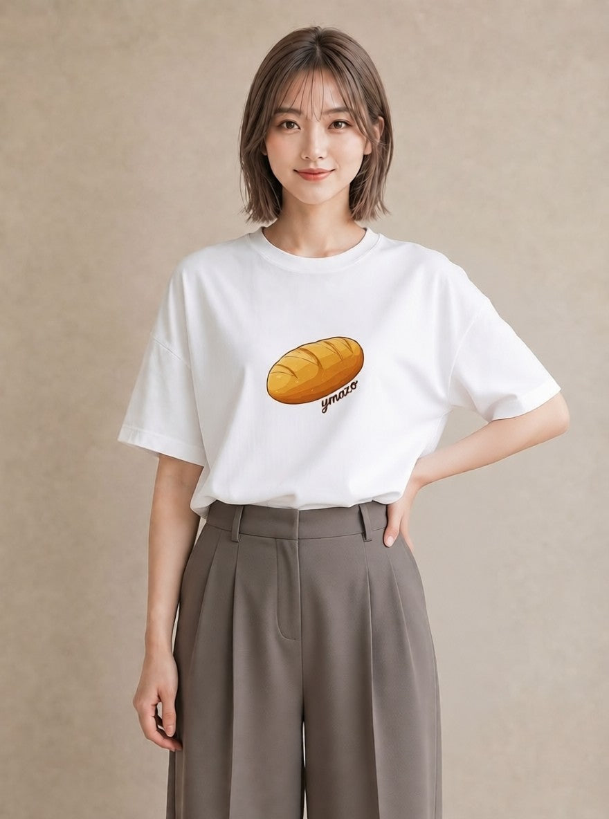 プリントTシャツ レディース パン 食べ物 フード イラスト 淡色 買い物 夏コーデ 白T YMAZO