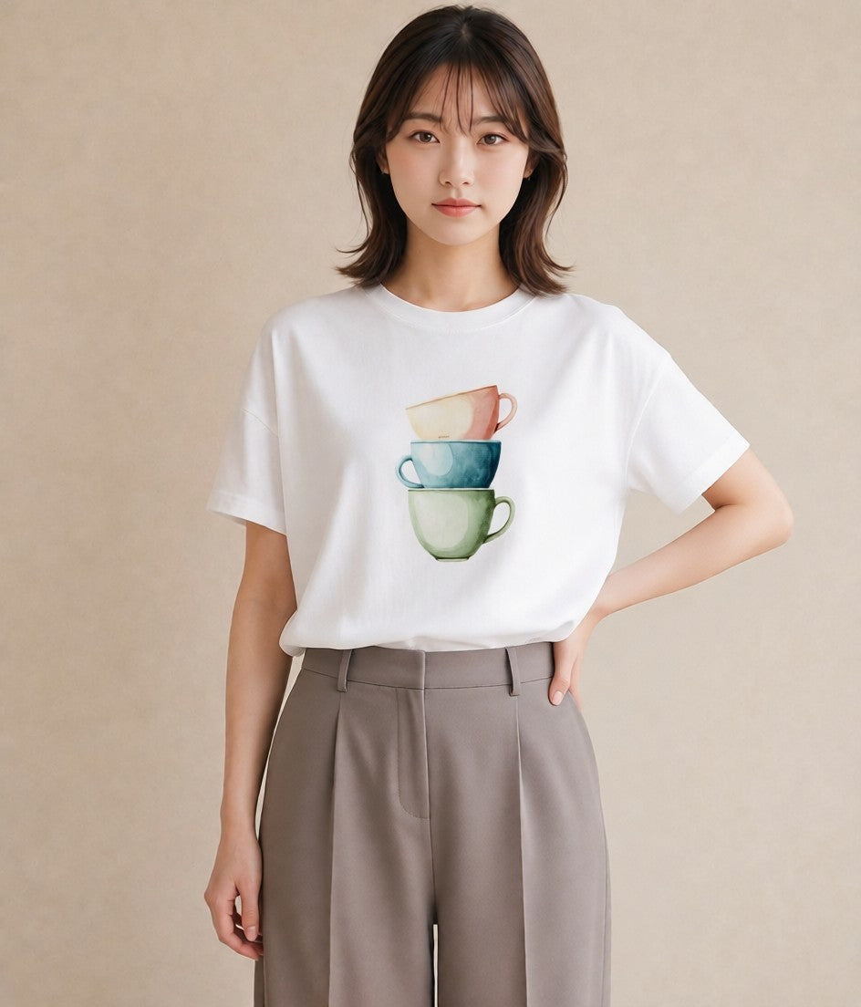 半袖Tシャツ レディース カフェオレ 食べ物 フード イラスト 上品 通勤 在宅 白T YMAZO