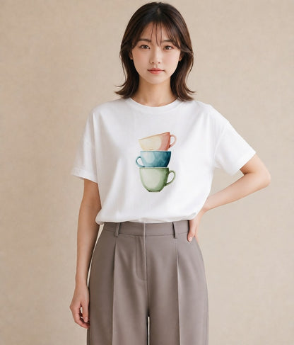 半袖Tシャツ レディース カフェオレ 食べ物 フード イラスト 上品 通勤 在宅 白T YMAZO