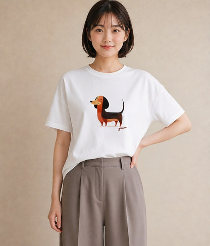 グラフィックTシャツ レディース ミニチュアダックスフンド 犬 いぬ イラスト シック カフェ巡り 女子会 白T YMAZO