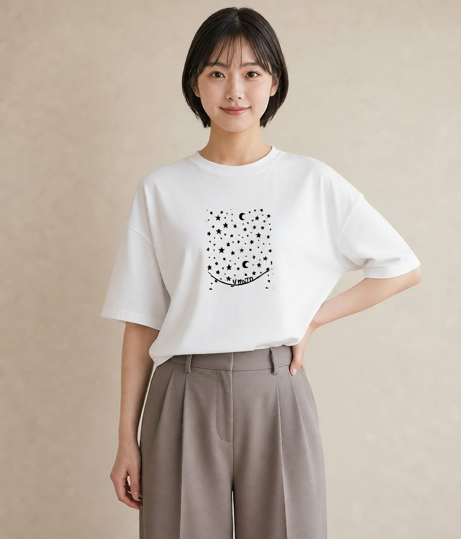 半袖Tシャツ レディース 月と星 星空 ムーン イラスト ミニマル 敬老の日 ホワイトデー 白T YMAZO