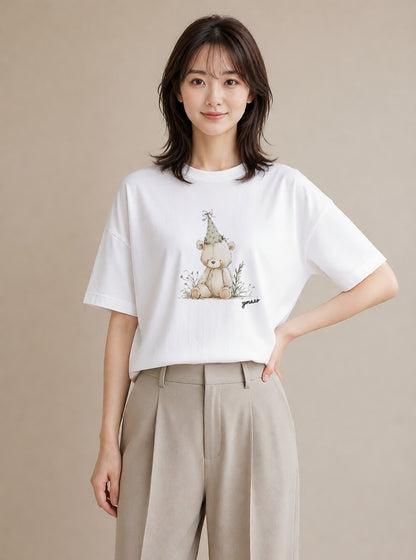 プリントTシャツ レディース くま クマ ベア 動物 アニマル イラスト ユニーク カジュアルコーデ 買い物 白T YMAZO