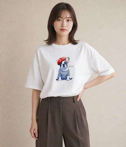 Tシャツ レディース フレンチブルドッグ フレブル 犬 いぬ イラスト カフェコーデ 送別ギフト 通勤 白T YMAZO