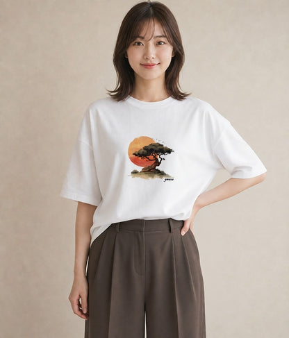 プリントTシャツ レディース 盆栽 植物 ボタニカル イラスト きれいめ 在宅 公園 白T YMAZO