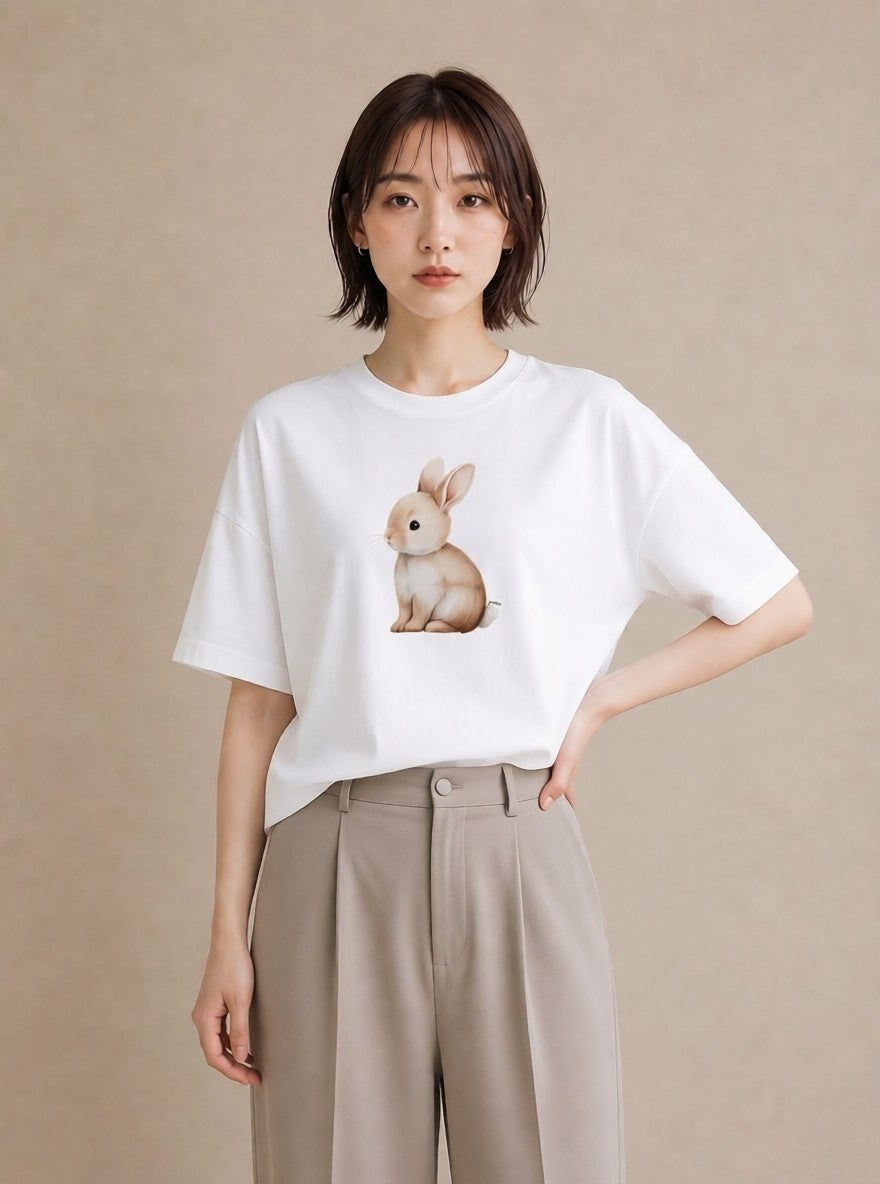 Tシャツ レディース ウサギ系野生 動物 アニマル イラスト きれいめカジュアル ホワイトデー 春服 白T YMAZO