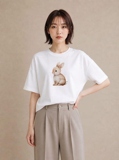 Tシャツ レディース ウサギ系野生 動物 アニマル イラスト きれいめカジュアル ホワイトデー 春服 白T YMAZO