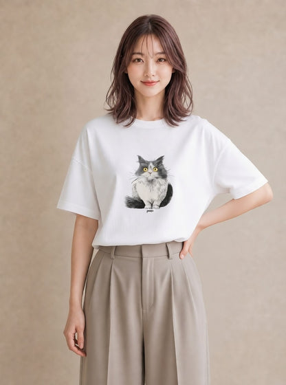 プリントTシャツ レディース メインクーン 猫 ねこ イラスト こなれ感 母娘コーデ 自分用 白T YMAZO