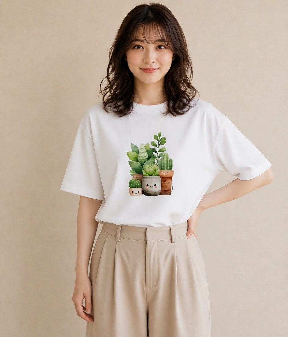グラフィックTシャツ レディース 多肉植物 植物 ボタニカル イラスト 手描き風 ルームウェア ギフト 白T YMAZO