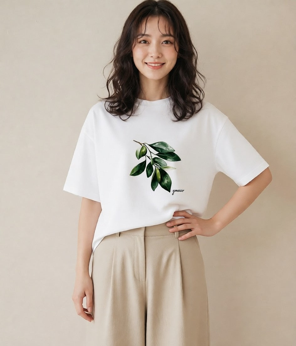 Tシャツ レディース 葉っぱ 植物 ボタニカル イラスト 可愛い ラフ レイヤード 白T YMAZO