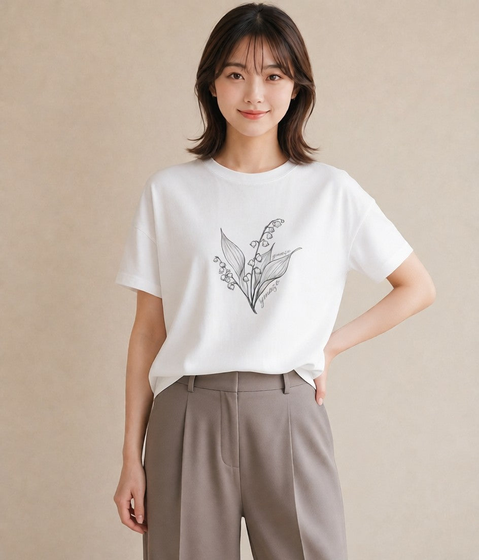 半袖Tシャツ レディース すずらん 花 花柄 イラスト カフェコーデ 休日 ペアコーデ 白T