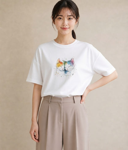 プリントTシャツ レディース ニャンコ 猫 ねこ イラスト こなれ感 デイリーウェア 休日 白T YMAZO