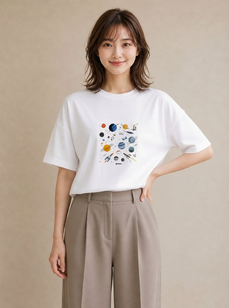 プリントTシャツ レディース 惑星 星空 宇宙 イラスト シンプル 誕生日プレゼント 綿100 白T YMAZO