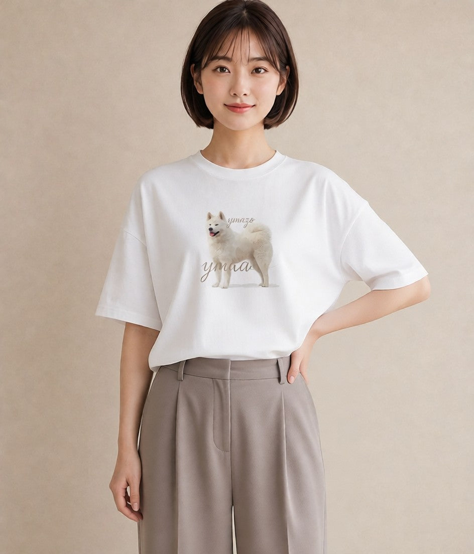 Tシャツ レディース サモエド 犬 いぬ イラスト ボタニカル ママ カフェ服 白T YMAZO
