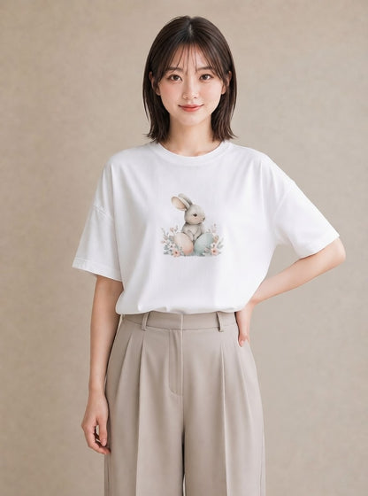 半袖Tシャツ レディース ネザーランドドワーフ ペット 動物 イラスト きれいめカジュアル 友達ギフト 部屋着 白T YMAZO