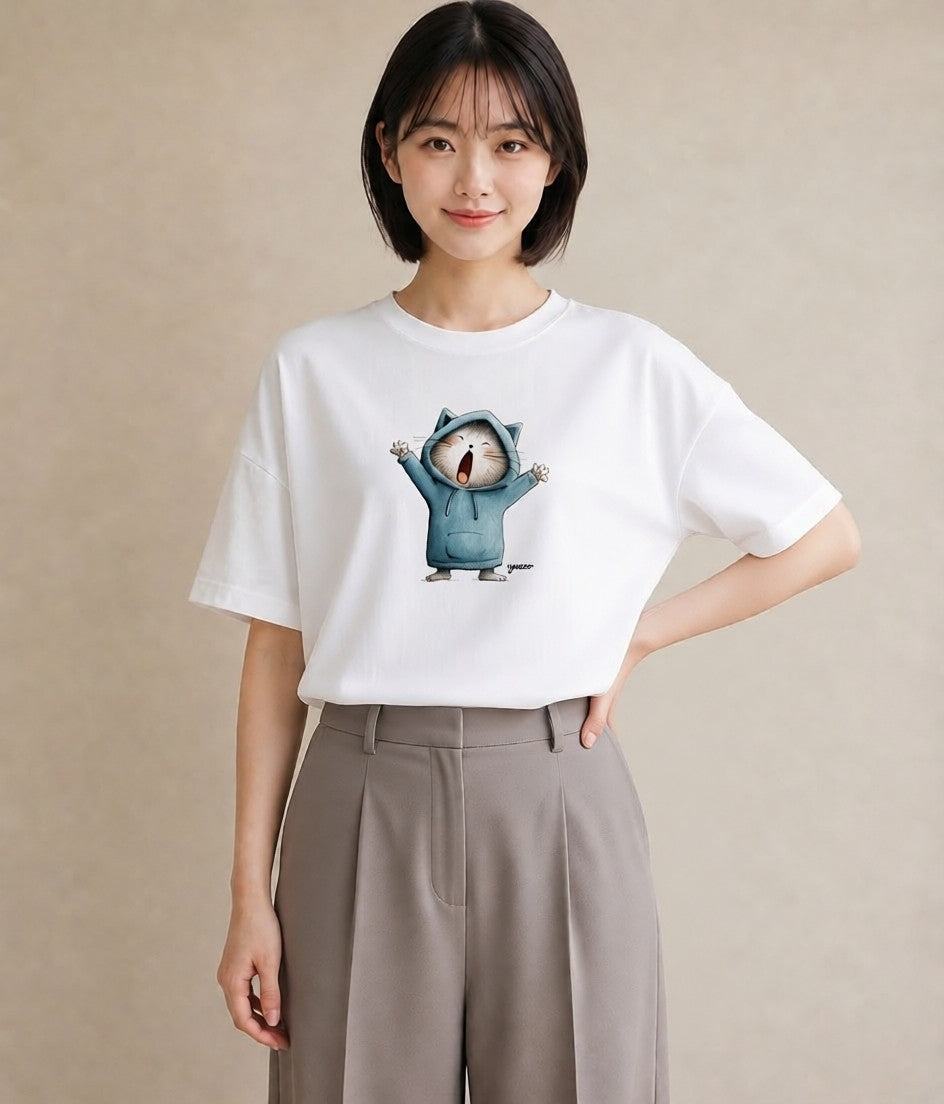 半袖Tシャツ レディース ニャンコ 猫 ねこ イラスト こなれ感 敬老の日 ホワイトデー 白T YMAZO