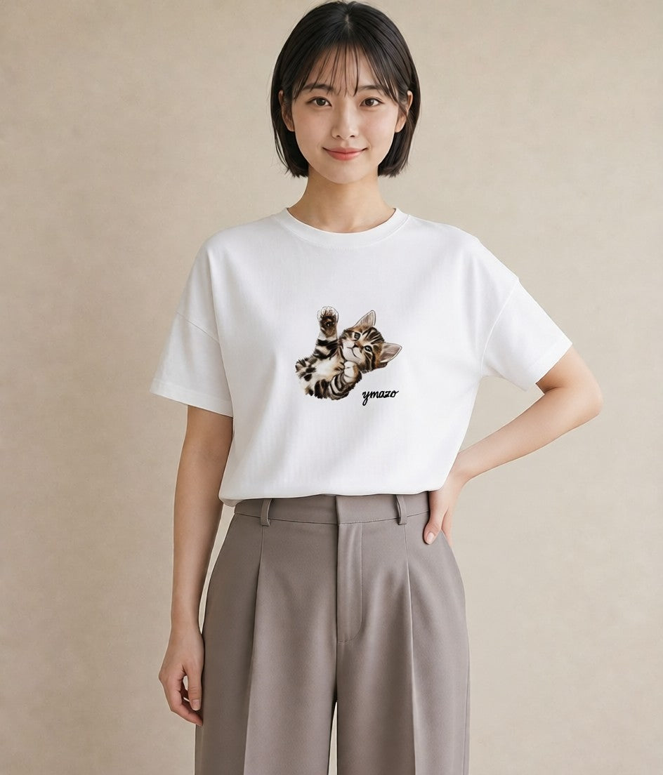 プリントTシャツ レディース 肉球 猫 ねこ イラスト 普段使い 親子 20代 白T YMAZO