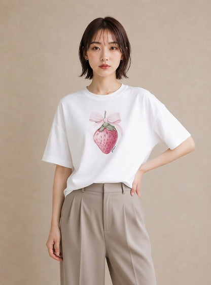 Tシャツ レディース いちご 苺 ストロベリー 食べ物 フード イラスト ミニマル ホワイトデー 春服 白T YMAZO