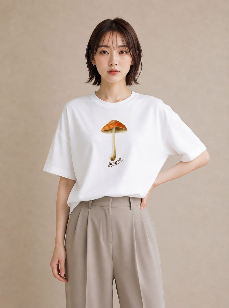 半袖Tシャツ レディース きのこ 植物 ボタニカル イラスト きれいめ お揃い 親子 白T YMAZO