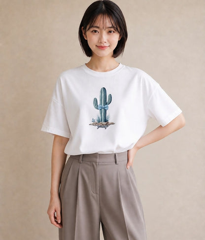 グラフィックTシャツ レディース サボテン 植物 ボタニカル イラスト アート風 秋コーデ おしゃれギフト 白T YMAZO