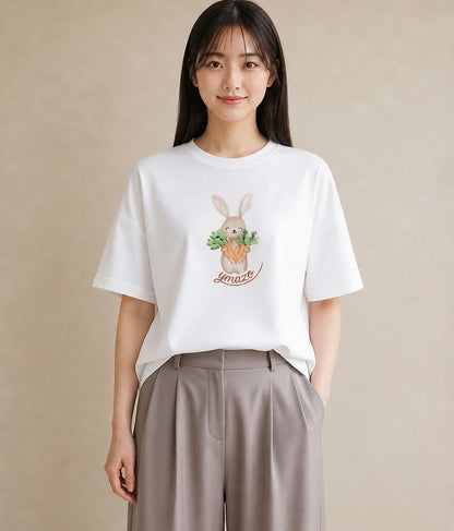 Tシャツ レディース ウサギ系野生 動物 アニマル イラスト 在宅 公園 白T YMAZO