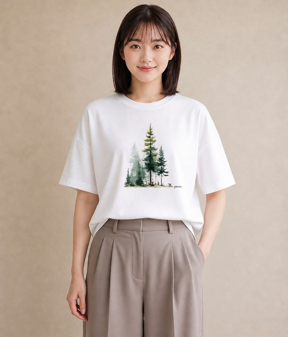 Tシャツ レディース 森 植物 ボタニカル イラスト 韓国風 友達ギフト 部屋着 白T YMAZO