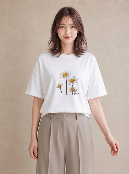 グラフィックTシャツ レディース デイジー 花 花柄 イラスト きれいめ 誕生日プレゼント 綿100 白T YMAZO