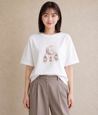 グラフィックTシャツ レディース 三日月 星空 宇宙 イラスト ボタニカル ミセス 春コーデ 白T YMAZO