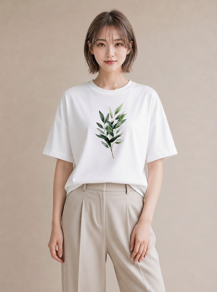 グラフィックTシャツ レディース 新緑 植物 ボタニカル イラスト 旅行コーデ 社会人 女性 白T YMAZO