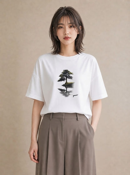 半袖Tシャツ レディース 青の水彩 風景 ブルー ナチュラル アンティーク イラスト 上品 自分用 ルームウェア 白T YMAZO