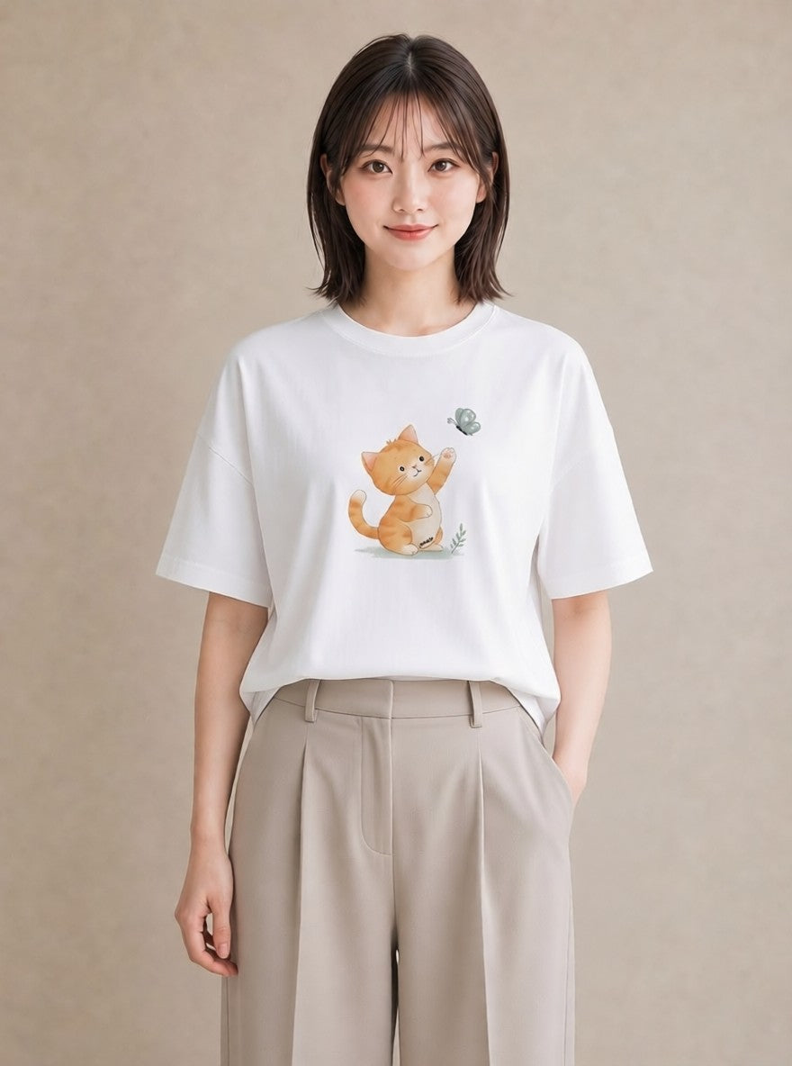 プリントTシャツ レディース 茶トラ 茶猫 猫 ねこ イラスト ラフカジュアル 友達ギフト 部屋着 白T YMAZO