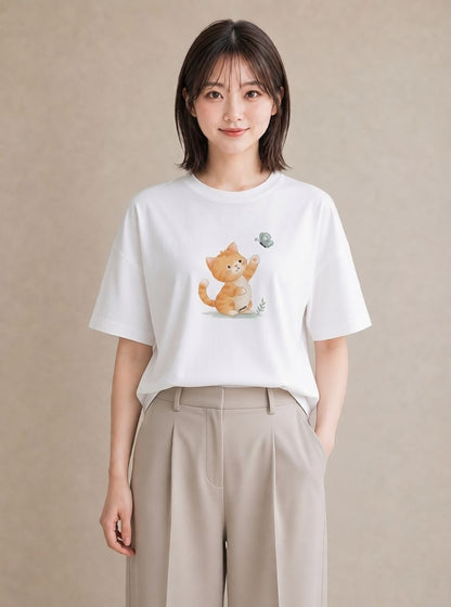 プリントTシャツ レディース 茶トラ 茶猫 猫 ねこ イラスト ラフカジュアル 友達ギフト 部屋着 白T YMAZO