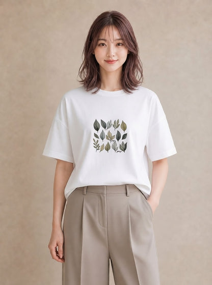 半袖Tシャツ レディース ボタニカル 植物 イラスト ナチュラル 通勤 在宅 白T YMAZO
