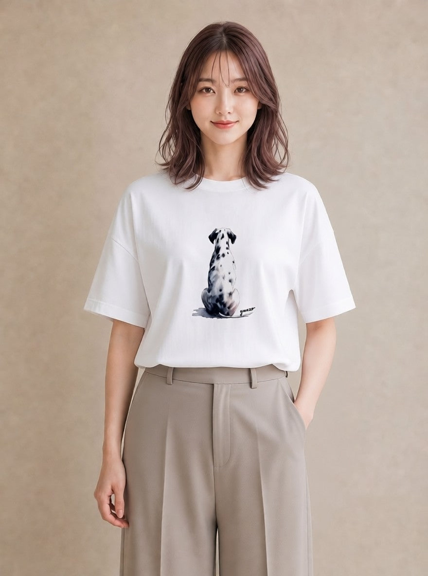 デザインTシャツ レディース ダルメシアン 犬 いぬ イラスト きれいめカジュアル デート 帰省 白T YMAZO