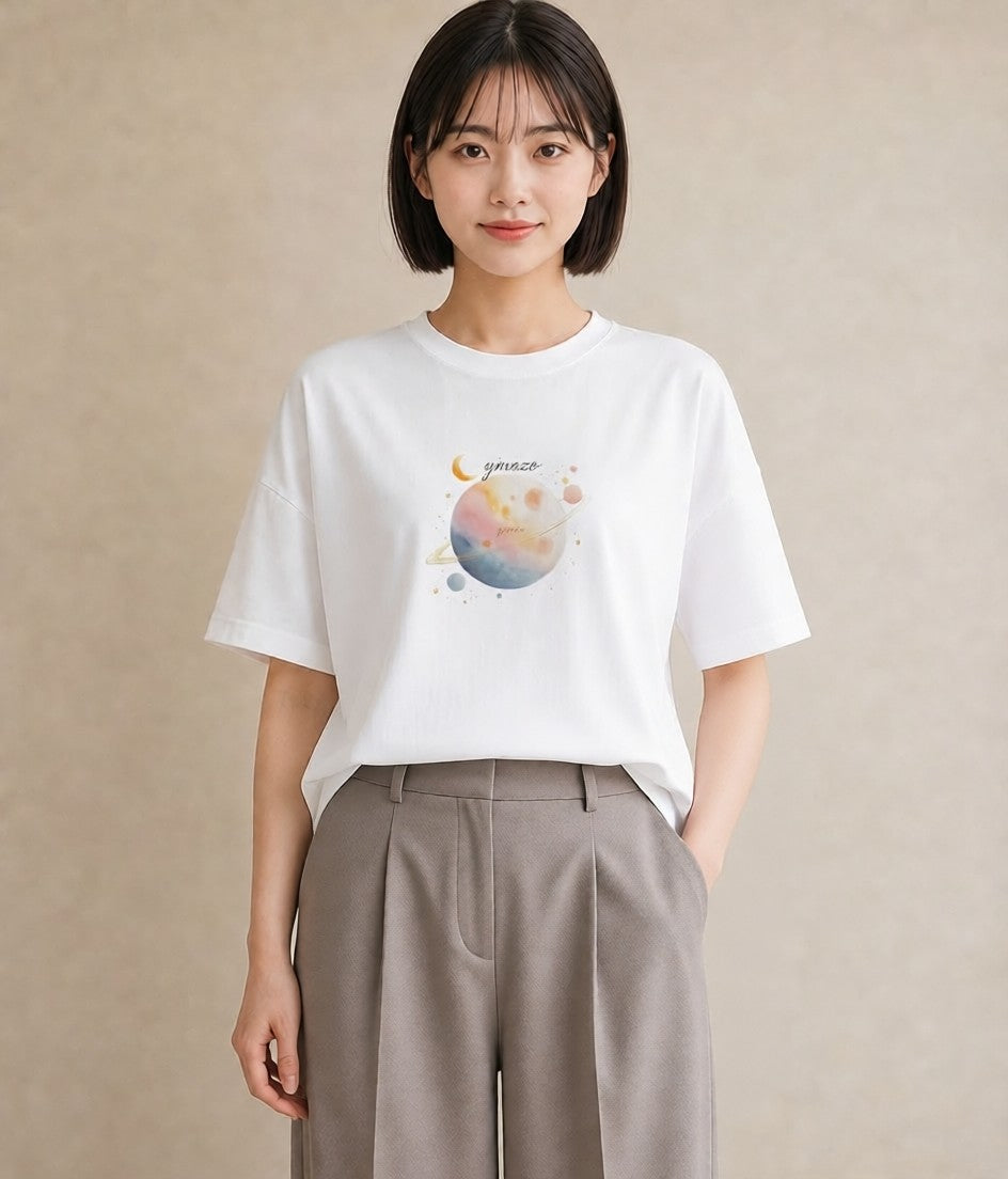 プリントTシャツ レディース 牡牛座 星空 宇宙 イラスト カフェコーデ 綿100 デート 白T YMAZO