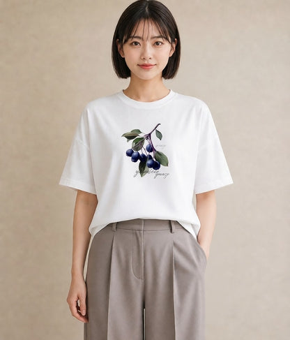 グラフィックTシャツ レディース ブルーベリー 食べ物 フード イラスト 水彩風 在宅 公園 白T YMAZO