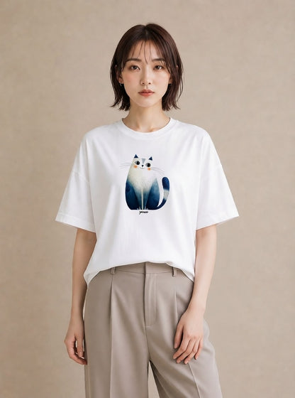 プリントTシャツ レディース 猫好き 猫 ねこ イラスト ミニマル 春服 ミセス 白T YMAZO
